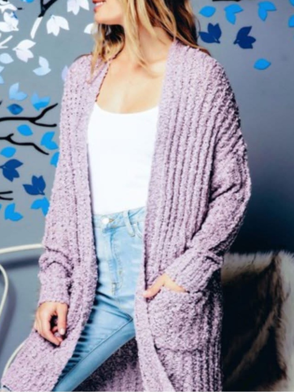 NWOT sweet generis Lavender Ribbed Long Open-Front Cardigan Sweater w-Pockets
